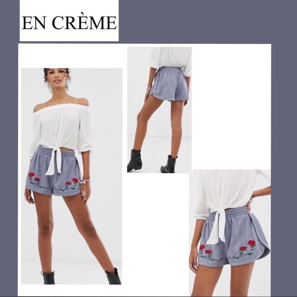 En Creme Embroidered Rose Chambray Shorts size S 